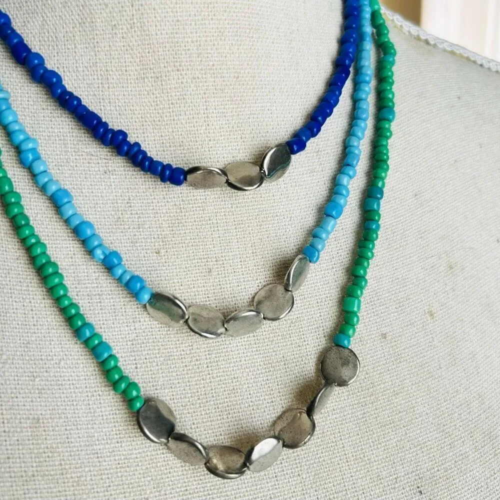 Handcrafted Set of 3 Blue Turquoise Green Silver Beads Necklaces
